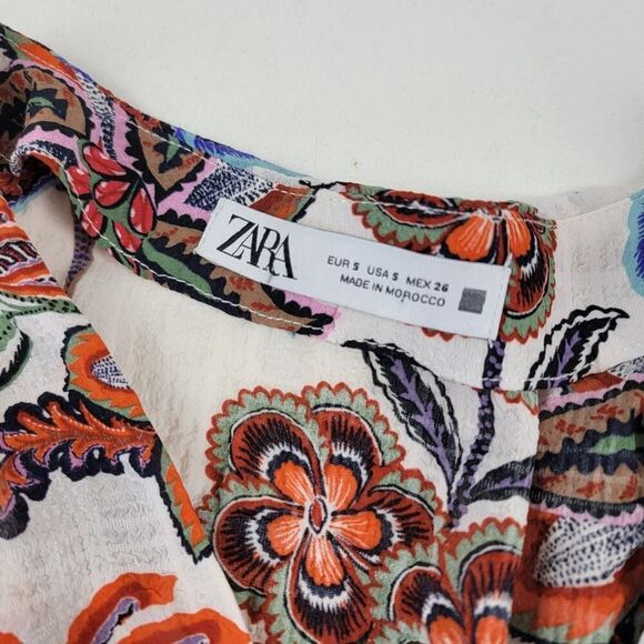 Zara Boho Crinkled Bright Floral Print Cape‎ Sleeve Beach Dress Women's sz Small - Picture 6 of 13
